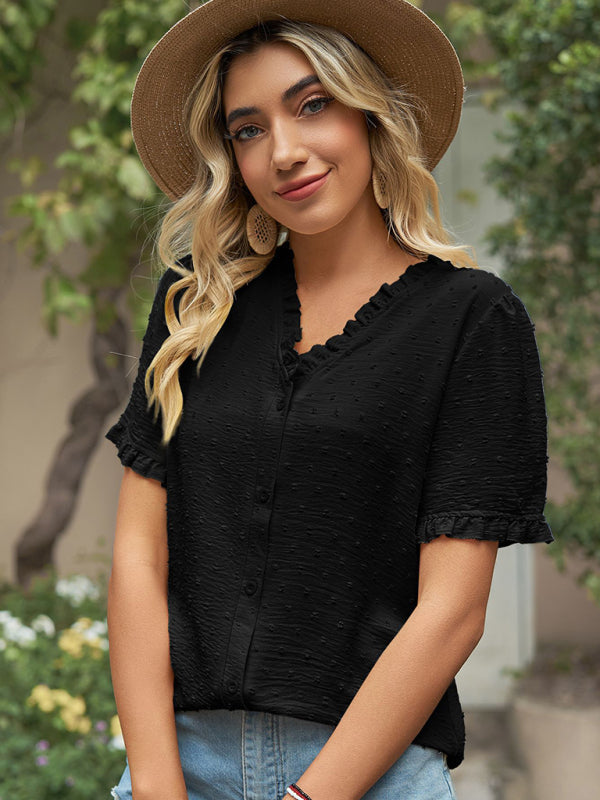 Tops- Perfect for Any Occasion: Women's Short Sleeve Top with Ruffle Details- - Pekosa Women Clothing