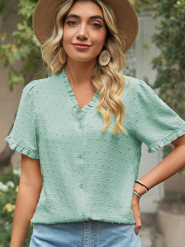 Tops- Perfect for Any Occasion: Women's Short Sleeve Top with Ruffle Details- - Pekosa Women Clothing