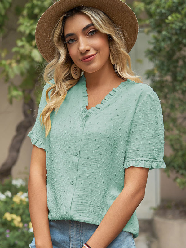 Tops- Perfect for Any Occasion: Women's Short Sleeve Top with Ruffle Details- - Pekosa Women Clothing