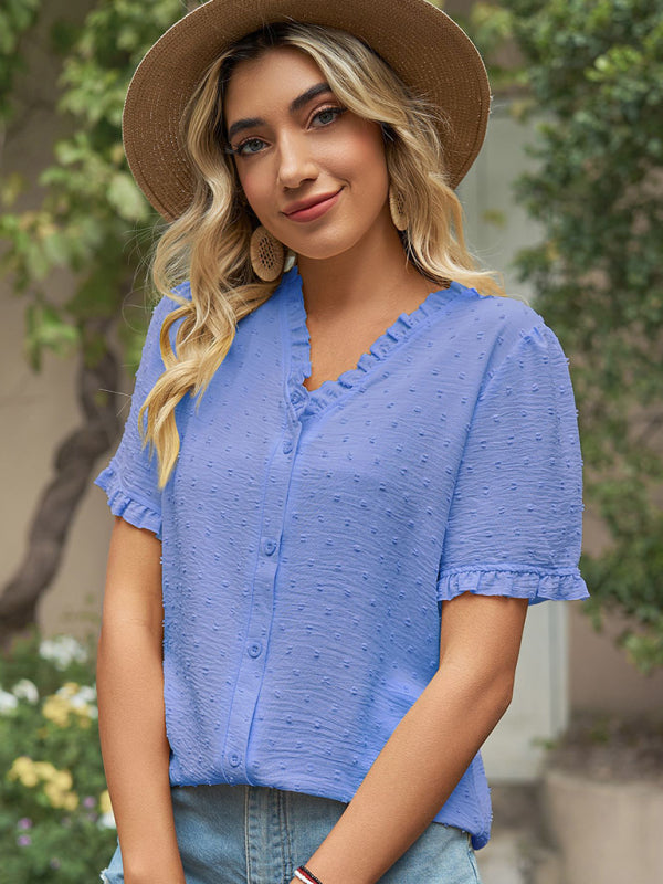 Tops- Perfect for Any Occasion: Women's Short Sleeve Top with Ruffle Details- Sky blue azure- Pekosa Women Clothing