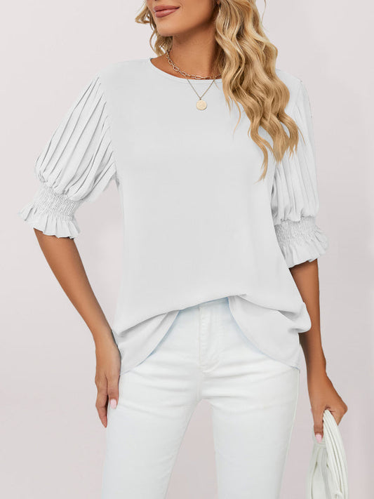 Tops- Puff Sleeve Blouse - Pleated Sleeve Top- White- Pekosa Women Clothing