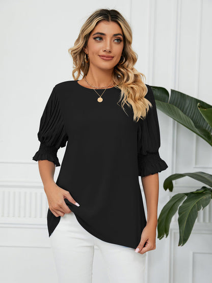 Tops- Puff Sleeve Blouse - Pleated Sleeve Top- Black- Pekosa Women Clothing