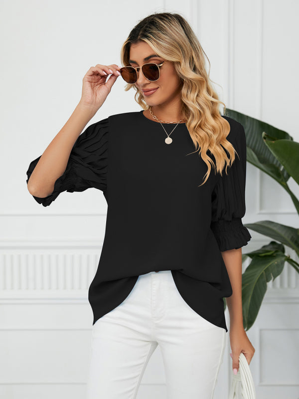 Tops- Puff Sleeve Blouse - Pleated Sleeve Top- - Pekosa Women Clothing