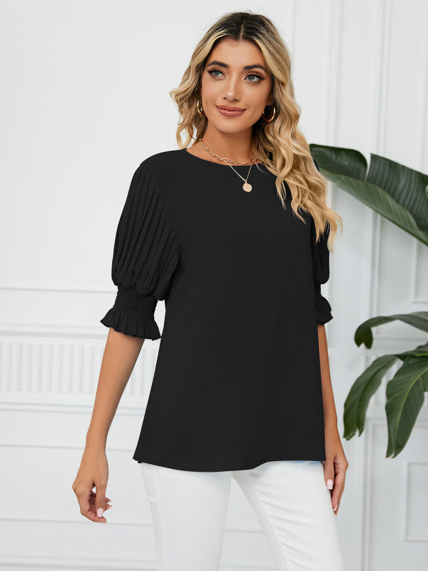 Tops- Puff Sleeve Blouse - Pleated Sleeve Top- - Pekosa Women Clothing