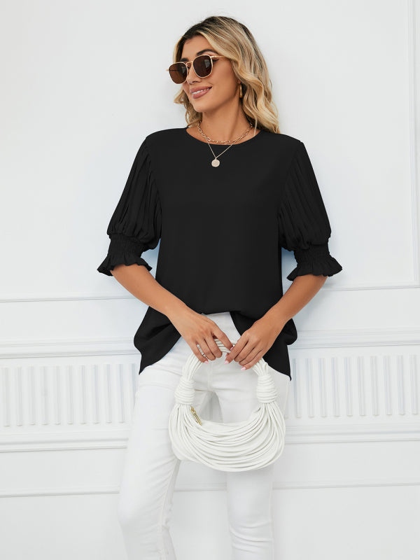 Tops- Puff Sleeve Blouse - Pleated Sleeve Top- - Pekosa Women Clothing