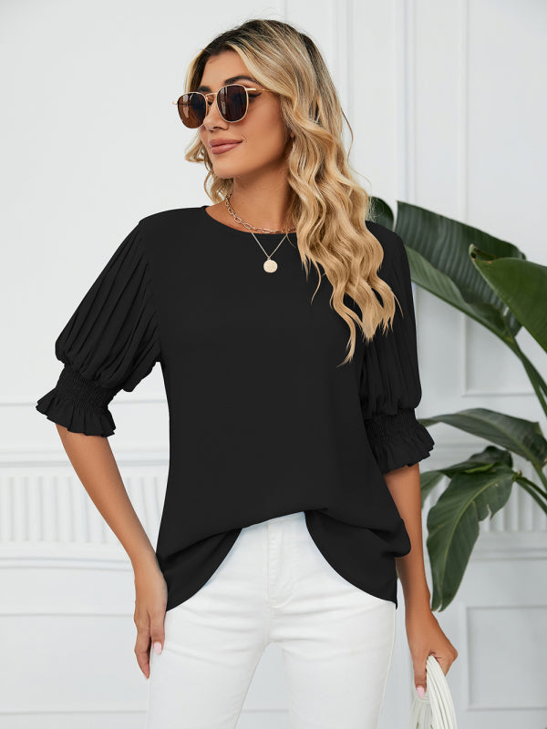 Tops- Puff Sleeve Blouse - Pleated Sleeve Top- - Pekosa Women Clothing