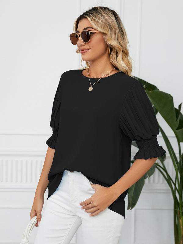 Tops- Puff Sleeve Blouse - Pleated Sleeve Top- - Pekosa Women Clothing