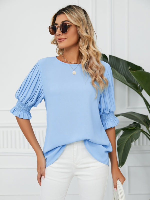 Tops- Puff Sleeve Blouse - Pleated Sleeve Top- - Pekosa Women Clothing