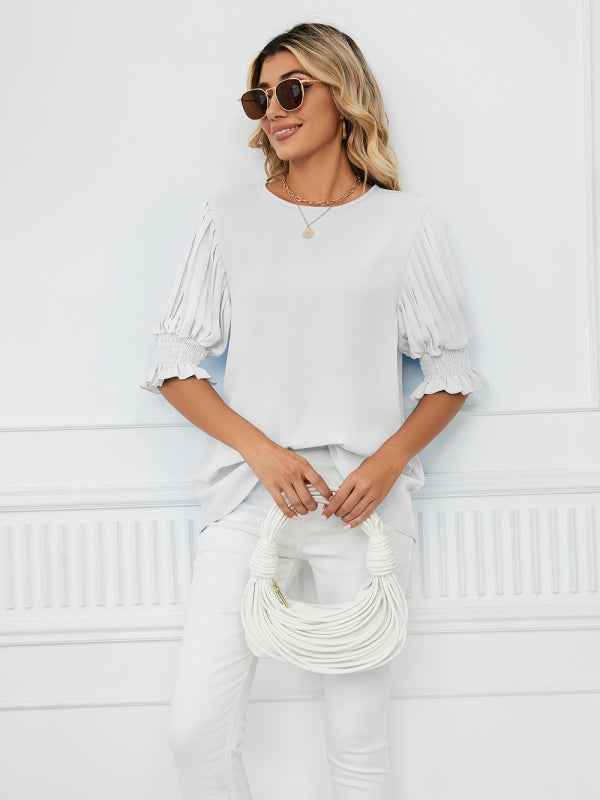 Tops- Puff Sleeve Blouse - Pleated Sleeve Top- - Pekosa Women Clothing