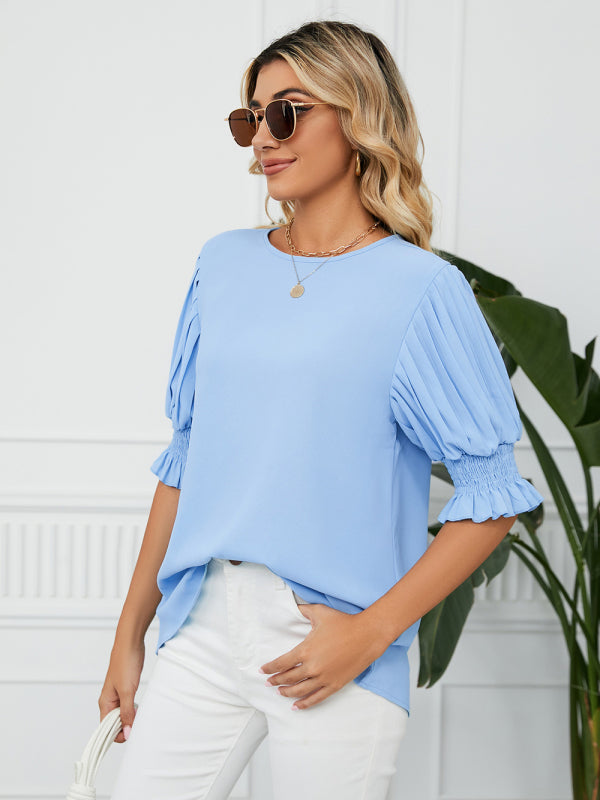 Tops- Puff Sleeve Blouse - Pleated Sleeve Top- - Pekosa Women Clothing