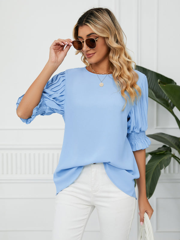 Tops- Puff Sleeve Blouse - Pleated Sleeve Top- - Pekosa Women Clothing