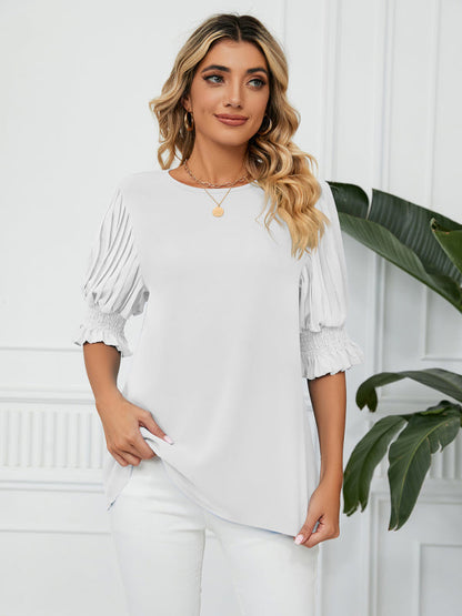 Tops- Puff Sleeve Blouse - Pleated Sleeve Top- - Pekosa Women Clothing