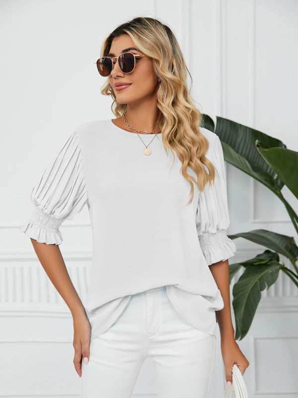 Tops- Puff Sleeve Blouse - Pleated Sleeve Top- - Pekosa Women Clothing