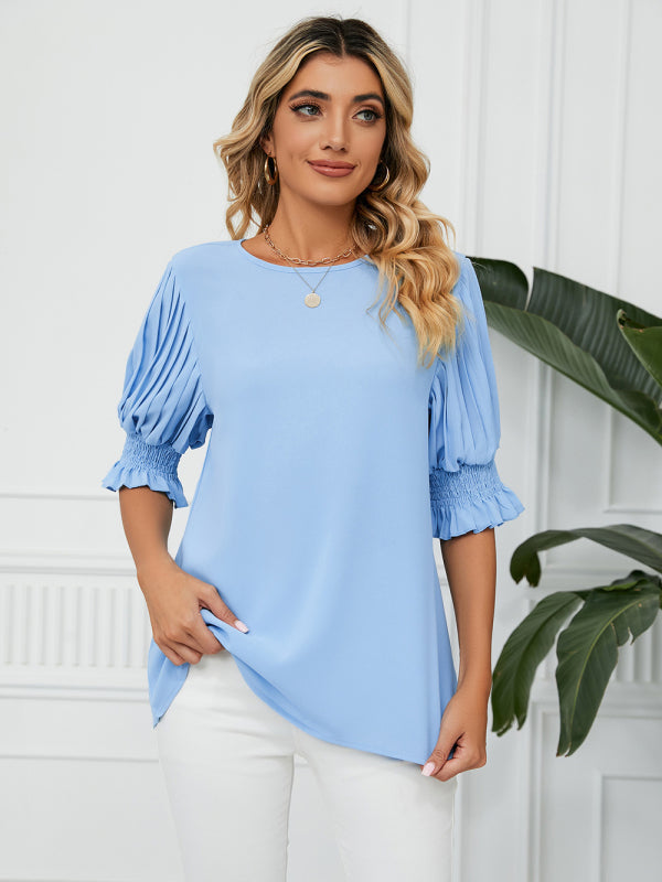 Tops- Puff Sleeve Blouse - Pleated Sleeve Top- - Pekosa Women Clothing