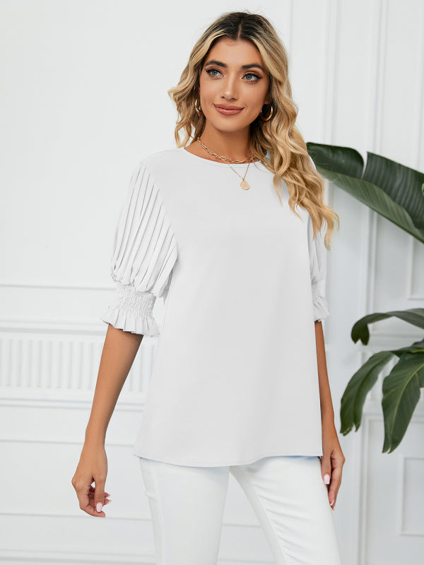 Tops- Puff Sleeve Blouse - Pleated Sleeve Top- - Pekosa Women Clothing