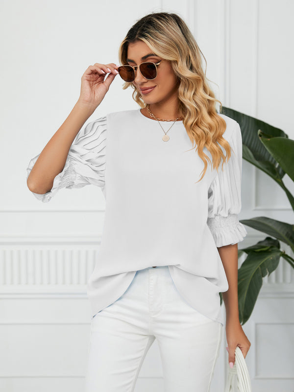 Tops- Puff Sleeve Blouse - Pleated Sleeve Top- - Pekosa Women Clothing