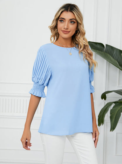 Tops- Puff Sleeve Blouse - Pleated Sleeve Top- Sky blue azure- Pekosa Women Clothing