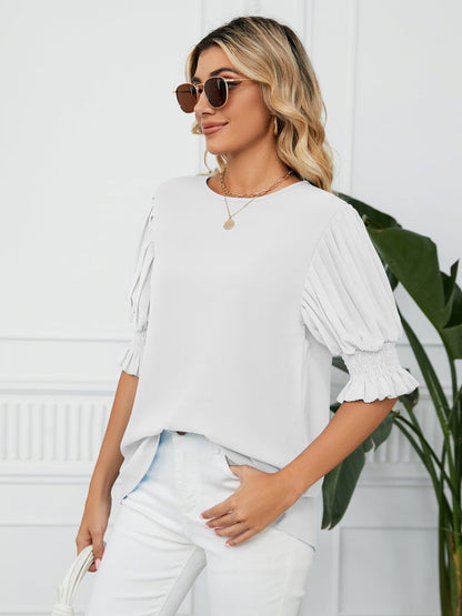 Tops- Puff Sleeve Blouse - Pleated Sleeve Top- - Pekosa Women Clothing