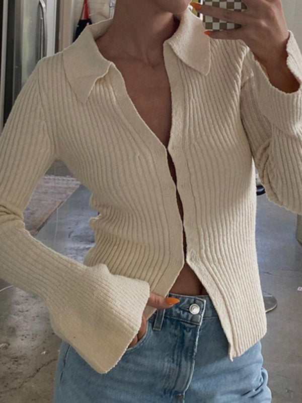 Tops- Ribbed Knitted V-Neck Long Sleeve Sweater Top- - Pekosa Women Clothing