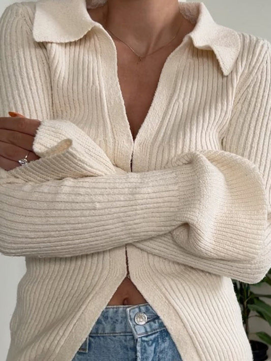 Tops- Ribbed Knitted V-Neck Long Sleeve Sweater Top- Cream- Pekosa Women Clothing