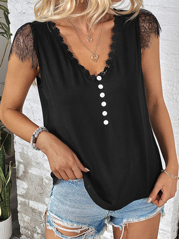 Tops- Short Sleeves V-Neck Blouse | Lace Accents & Half Button-Up Top- - Pekosa Women Clothing