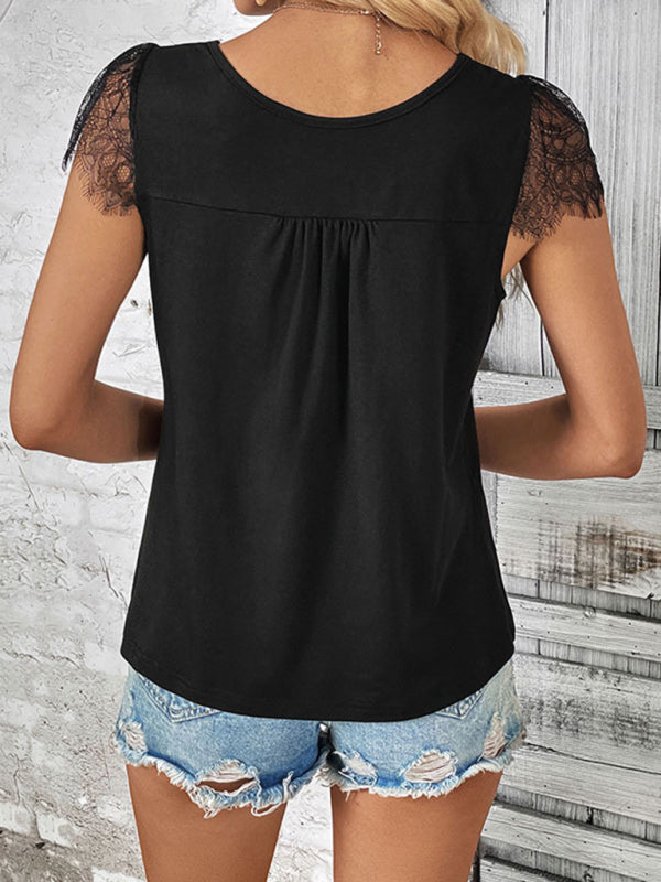 Tops- Short Sleeves V-Neck Blouse | Lace Accents & Half Button-Up Top- - Pekosa Women Clothing