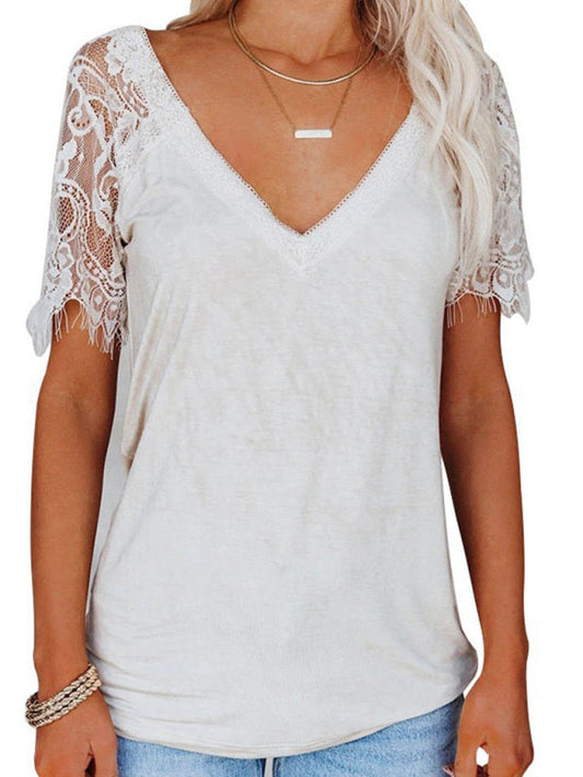 Tops- Solid Cotton V-Neck T-shirt with Lace Embroidery Sleeves- White- Pekosa Women Clothing