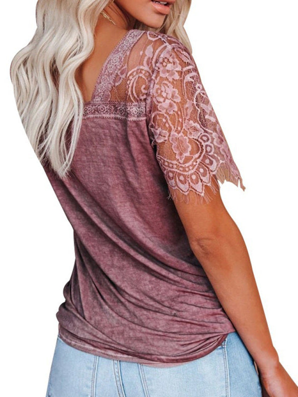 Tops- Solid Cotton V-Neck T-shirt with Lace Embroidery Sleeves- - Pekosa Women Clothing