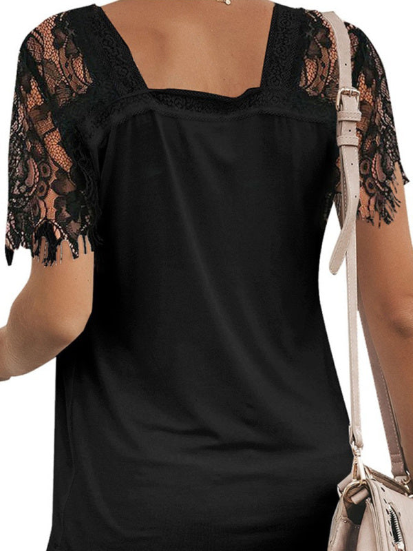 Tops- Solid Cotton V-Neck T-shirt with Lace Embroidery Sleeves- - Pekosa Women Clothing