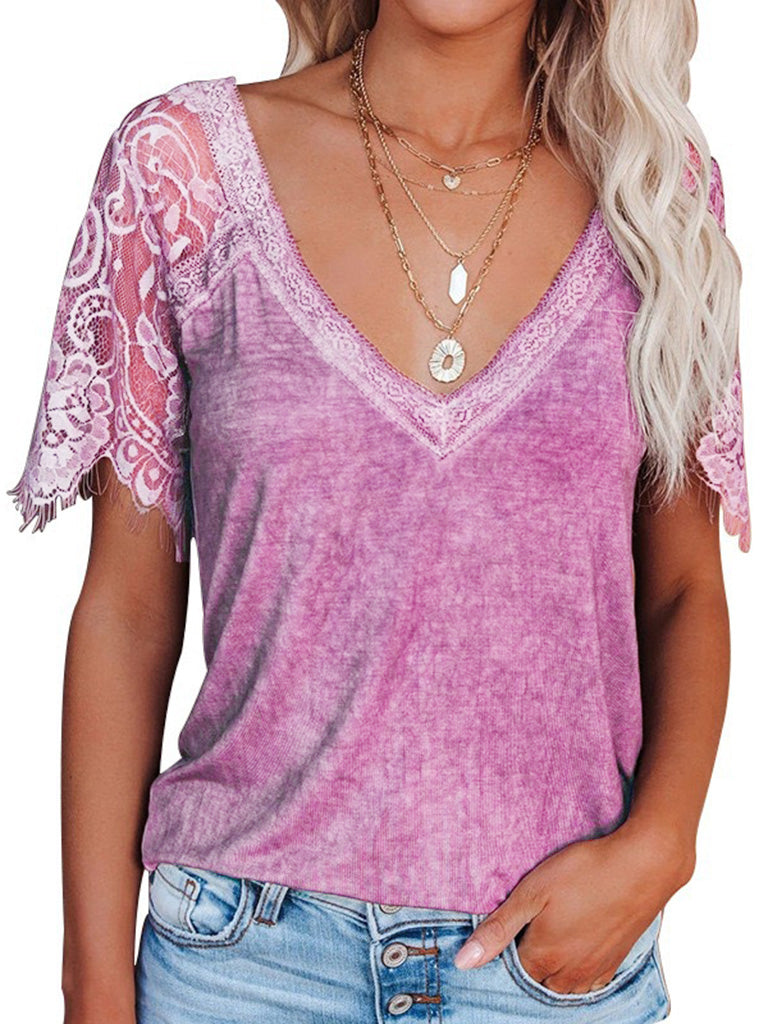 Tops- Solid Cotton V-Neck T-shirt with Lace Embroidery Sleeves- Pink- Pekosa Women Clothing