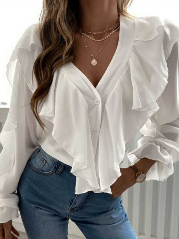 Tops- Solid Long Sleeves Cascade Ruffle V-Neck Top Blouse- - Pekosa Women Clothing