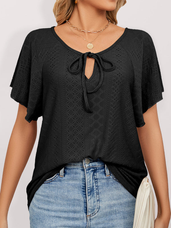 Tops- Stay Cool and Chic with Our Women's Flutter-Sleeve Blouse- Black- Pekosa Women Clothing