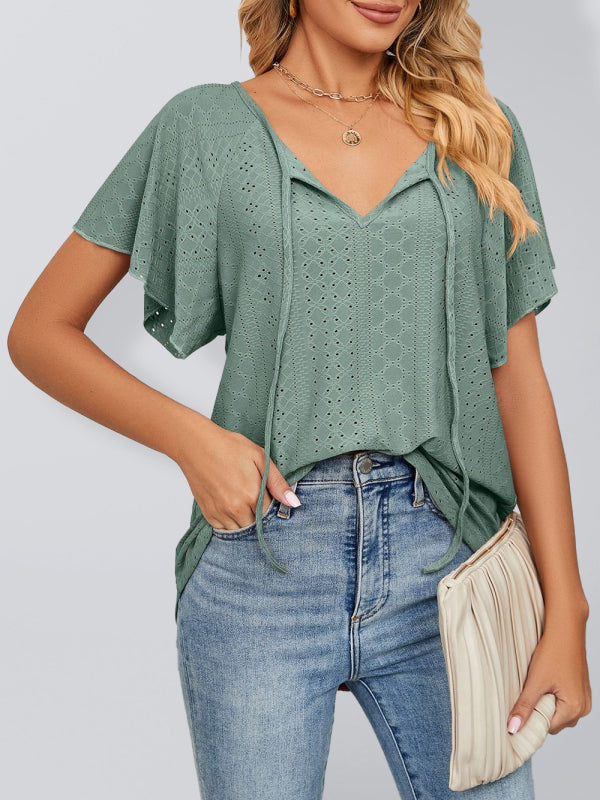 Tops- Stay Cool and Chic with Our Women's Flutter-Sleeve Blouse- Green- Pekosa Women Clothing