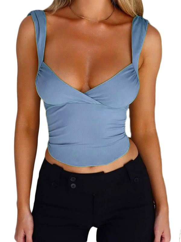 Summer Surplice V-Neck Fitted Top with Tie Back