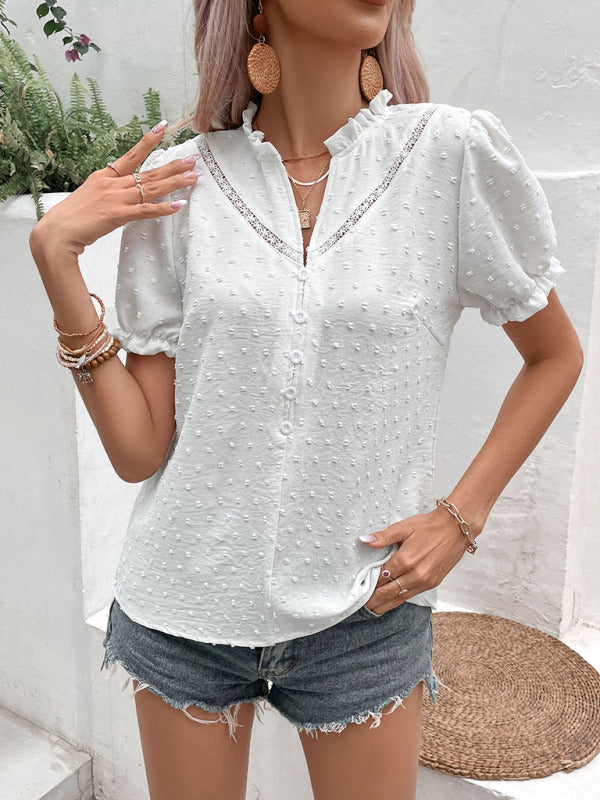 Tops- Swiss Dot Button Ruffle V-Neck Short Sleeve Blouse- White- Pekosa Women Clothing