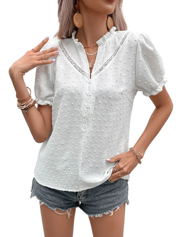 Tops- Swiss Dot Button Ruffle V-Neck Short Sleeve Blouse- - Pekosa Women Clothing