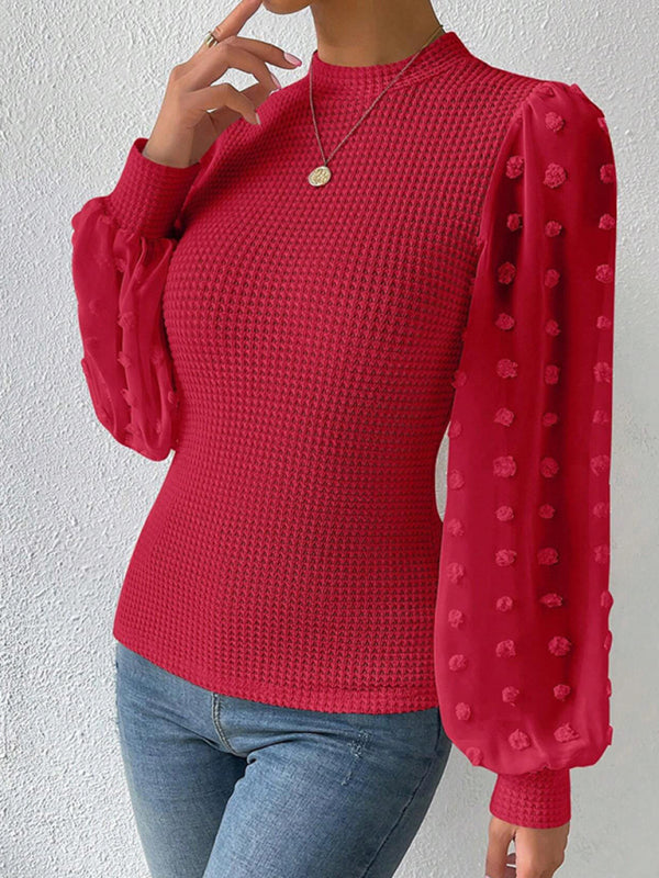 Tops- Textured Fitted Top with Long Bishop Sleeve and Swiss Dot Accents- - Pekosa Women Clothing