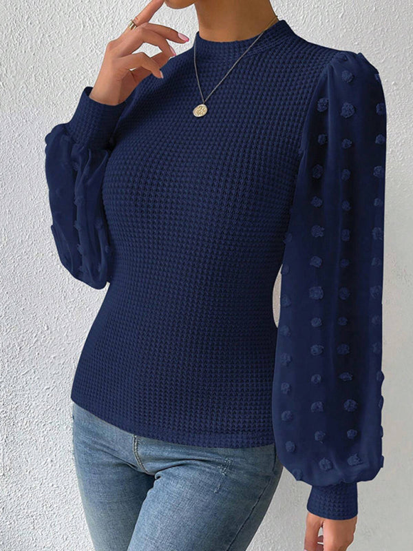 Tops- Textured Fitted Top with Long Bishop Sleeve and Swiss Dot Accents- - Pekosa Women Clothing