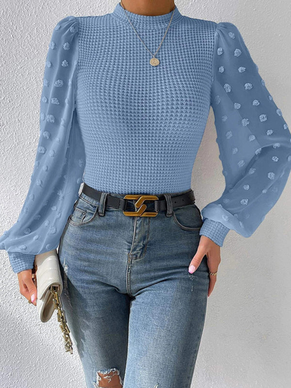 Tops- Textured Fitted Top with Long Bishop Sleeve and Swiss Dot Accents- Sky blue azure- Pekosa Women Clothing