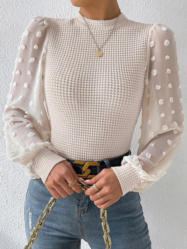 Tops- Textured Fitted Top with Long Bishop Sleeve and Swiss Dot Accents- - Pekosa Women Clothing