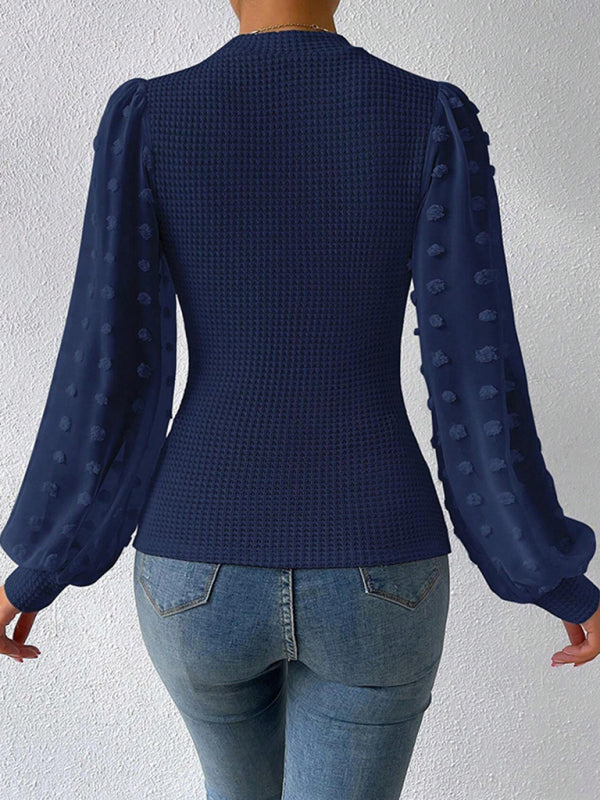 Tops- Textured Fitted Top with Long Bishop Sleeve and Swiss Dot Accents- - Pekosa Women Clothing