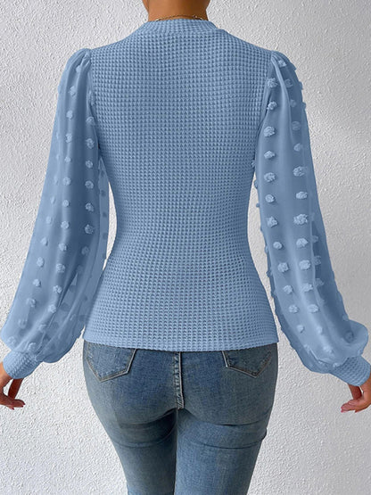 Tops- Textured Fitted Top with Long Bishop Sleeve and Swiss Dot Accents- - Pekosa Women Clothing