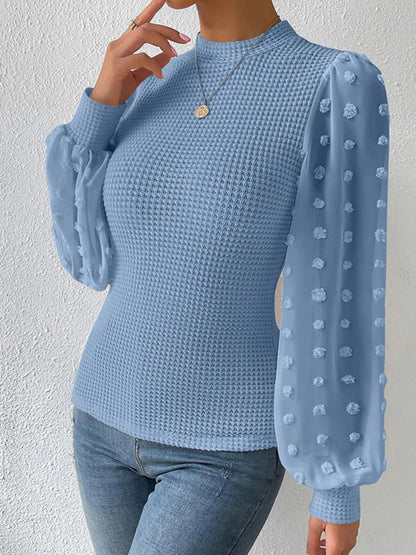 Tops- Textured Fitted Top with Long Bishop Sleeve and Swiss Dot Accents- - Pekosa Women Clothing