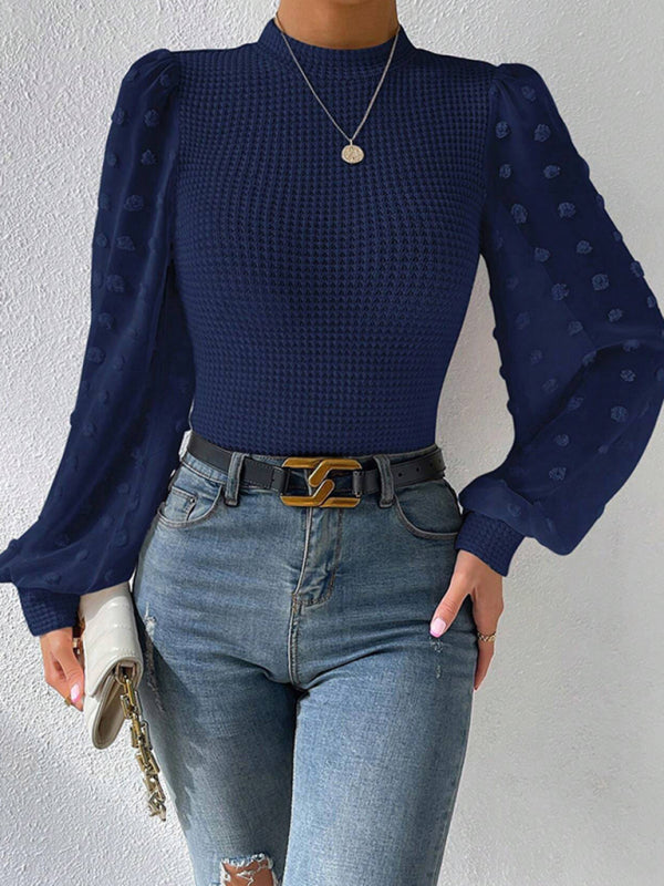 Tops- Textured Fitted Top with Long Bishop Sleeve and Swiss Dot Accents- Purplish blue navy- Pekosa Women Clothing