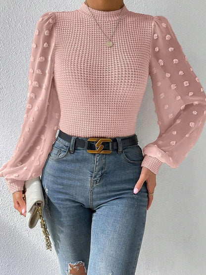 Tops- Textured Fitted Top with Long Bishop Sleeve and Swiss Dot Accents- Pink- Pekosa Women Clothing