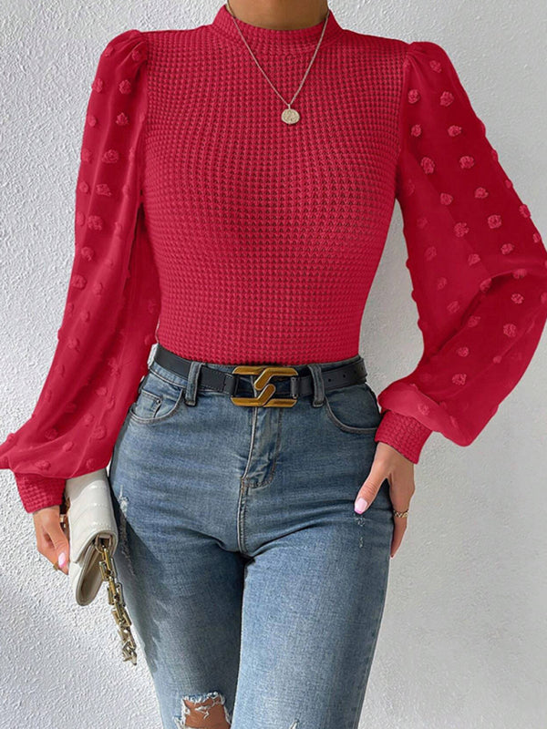 Tops- Textured Fitted Top with Long Bishop Sleeve and Swiss Dot Accents- Red- Pekosa Women Clothing