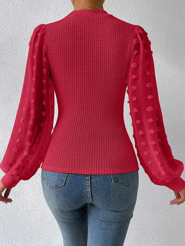 Tops- Textured Fitted Top with Long Bishop Sleeve and Swiss Dot Accents- - Pekosa Women Clothing