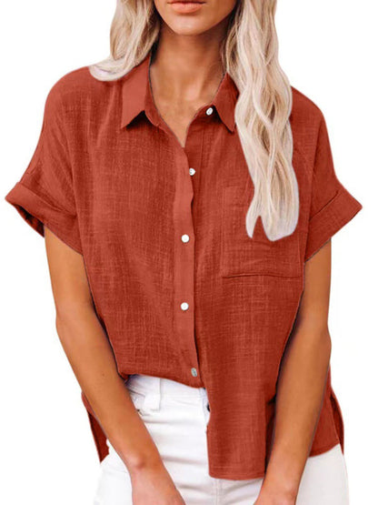 Tops- Textured Pocketed Button-Front Short Sleeve Shirt- Orange- Pekosa Women Clothing