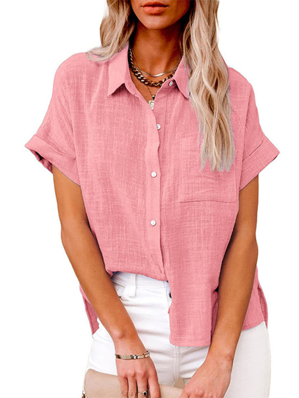 Tops- Textured Pocketed Button-Front Short Sleeve Shirt- Pink- Pekosa Women Clothing