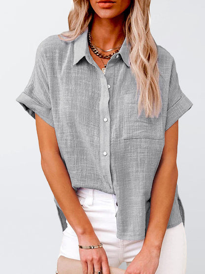 Tops- Textured Pocketed Button-Front Short Sleeve Shirt- Grey- Pekosa Women Clothing